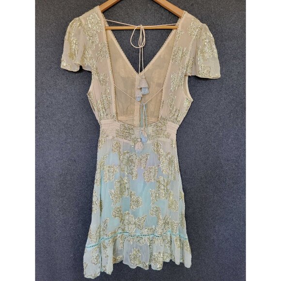 Boho Madrid Size S Short Sleeve Lurex Floral Mini Ombre Dress - Picture 3 of 14